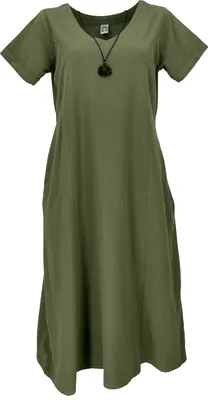 Produktbild von Weiches Bequemes Baumwollkleid, Sommerkleid mit Taschen im Leinen-Look - Olivgrün, Damen, Baumwolle, Größe: S