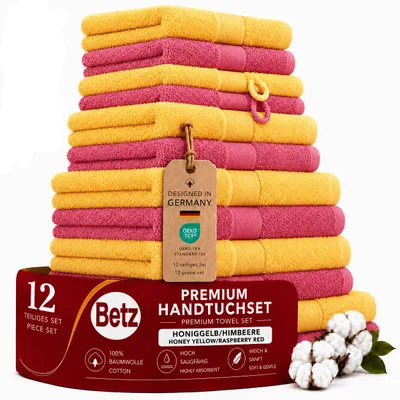 Produktbild von Betz 12-tlg. Handtuch-Set PREMIUM 2 Duschtücher 4 Handtücher 2 Gästetücher 2 Seiftücher 2 Waschhandschuhe  Farbe: honiggelb / himbeere