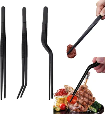 Image de Pince de cuisine Kochpinzette, lot de 3, 25 cm, en acier inoxydable, noire, pour barbecue