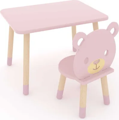 Produktbild von DEKORMANDA – Kindertisch mit Stuhl – Möbel für ein Kinderzimmer – ein Stuhl in Teddybärform für kleine Tierliebhaber – rosafarbener Kindertisch 65 x 50 cm mit 1 Stuhl – ein Set aus Tisch und Stuhl für Kinder, perfekt zum Lernen und Spielen