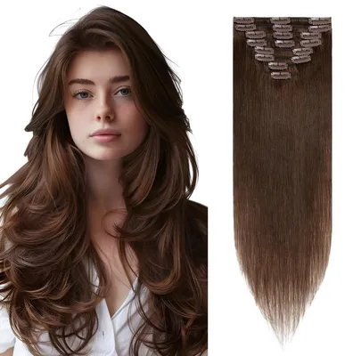 Image de Extensions à clipser, cheveux naturels, ensemble de 8 pièces, brun moyen, 55 cm