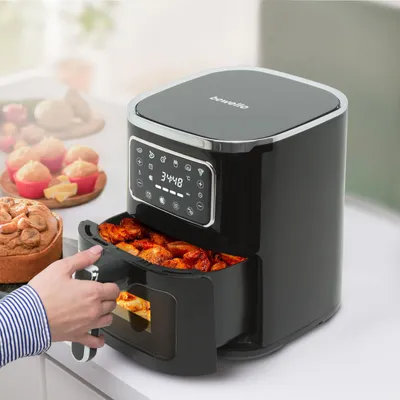 Produktbild von Heißluftfritteuse – 5 Liter – 1450 Watt – Touch-Bedienung – Ölfreies Frittieren – Beleuchtetes Sichtfenster – Timerfunktion – Antihaft-Frittierkorb – Schwarz – 230 V – 1 Stück [BW1002B]