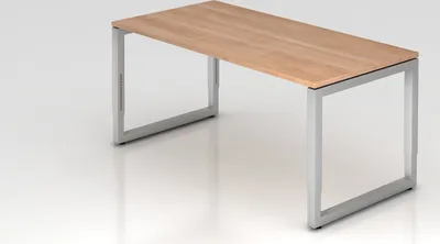Produktbild von Schreibtisch Pavo | Nussbaum | Silber Gestell | BxT 160x80cm | Arbeitshöhe 65-85cm | höhenjustierbar, 1cm Raster | O-Fuß-Gestell eckig | Rechteckform mit schwebender Tischplatte