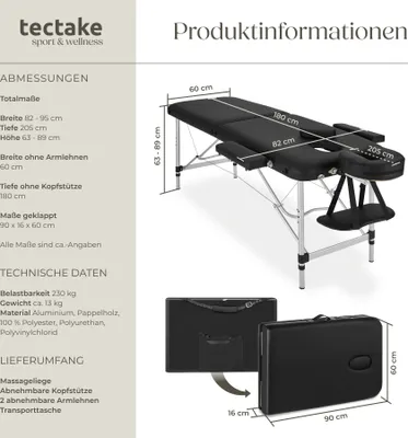 Produktbild von Tectake Massageliege, 205x60x89 cm, 2 Zonen, 4 cm Polsterung, Aluminium, PVC, Feinzellschaumstoff, Stahl, Kunststoff, Schwarz, Wellness, mobil, öl- und wasserresistent, schnell klappbar, leicht transportierbar