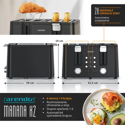 Obrázok produktu pre Hriankovač Arendo, 4 krátke štrbiny, na 4 plátky, 1750 W, automatický, nerezová oceľ, tepelne izolovaný dvojstenný kryt