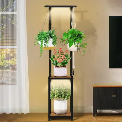Produktbild von Hängender Pflanzenständer mit Pflanzenlampe, 165 cm hoher Blumenständer, Pflanzenregal aus Metall und Holz, Pflanzenständer für Zimmerpflanzen, Blumenleiter für Indoor-Garten und Balkon