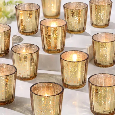 Productafbeelding van Kaarshouders Glas - Waxinelichthouders Set - Sfeerverlichting Creëren - Goudkleurige Strepen - 36 Stuks - Goud