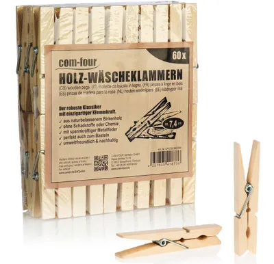 Produktbild von com-four® 60x Wäscheklammern aus Holz - Nachhaltige Holzklammern aus Birkenholz - unbehandelte Holzwäscheklammern zum Wäscheaufhängen und Basteln