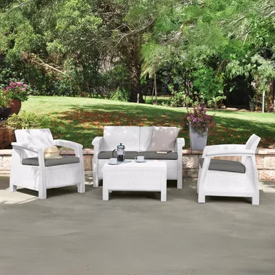 Produktbild von Dmora Garten-Lounge-Set Nelson Weiß, 3-Sitzer mit Tisch