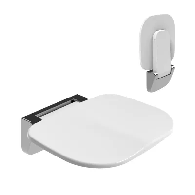 A white foldable shower seat mounted on a wall, with another folded unit shown in the background.