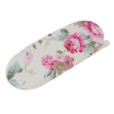 A floral-patterned ironing board cover.