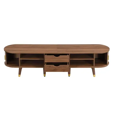 Produktbild von TV-Schrank mit Rattan-Schiebetür offenen Fächern Schubladen und Schrank TV-Tisch TV-Ständer TV-Schranktisch 175 cm Holzfarbe