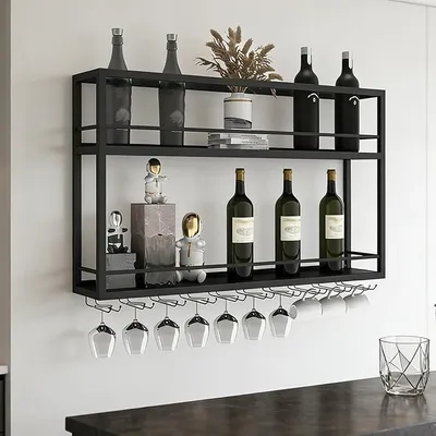 Productafbeelding van Industriële wandmontage wijnrek met glashouders, zwart metalen flessenhouder. Multifunctioneel wijnrek voor presentatie, 2-laags, geschikt voor thuisbar, eetkamer, keuken (120x20x65cm)