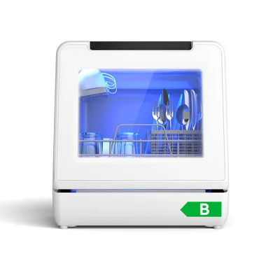 Produktbild von Puluomis Mini Geschirrspüler Tischgeschirrspüler mit 6 Programmen & PTC Trocknung, 5L Tank oder Wasserhahn, 360° Sprühsystem, 1-18h Timer Küche, weiß