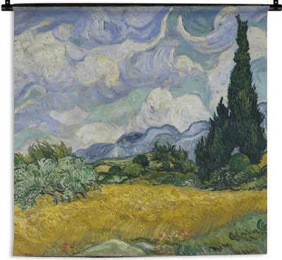 Produktbild von MuchoWow® Wandteppich Wandbehang Weizenfeld mit Zypressen - Vincent van Gogh 150x150 cm Tapisserie Dekoration Wandtuch - Wohnaccessoires - Modernes