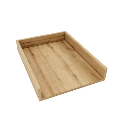 A wooden tray with raised edges, shown from a diagonal angle against a white background.