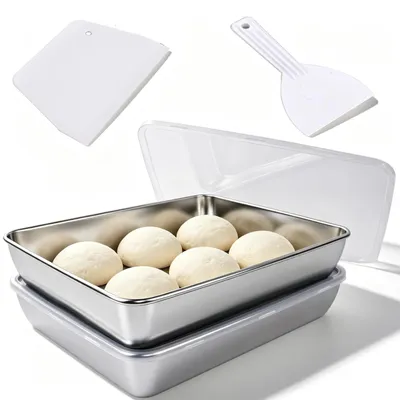 Productafbeelding van Deegbak rijsbak pizza - Met deksel - 36 x 28 x 6 cm - RVS 304 - 2 deegschrapers