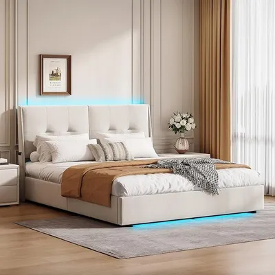 Immagine prodotto di Letto matrimoniale imbottito, 140 x 200 cm. Letto con sistema di sollevamento idraulico, illuminazione a LED e contenitore. Letto multifunzionale con spazio contenitivo. Struttura del letto con rete a doghe. Struttura del letto (beige, 140x200 cm)