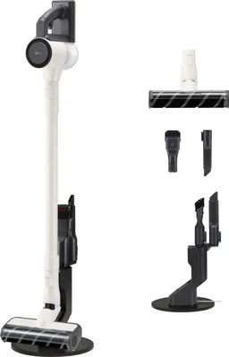 A cordless vacuum cleaner and its accessories are displayed against a white background.