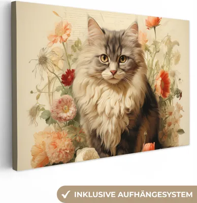Produktbild von MuchoWow® - Leinwandbilder - Vintage - Katze - Blumen - Weiß - Natur - Tiere, Wandbild, Wanddeko Bilder Wohnzimmer, 120x80 cm