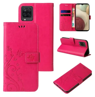 Produktbild von Handyhülle für Samsung Galaxy A12 Floral Blumen Schmetterling Flip Cover Hülle Case Klapphülle Handytasche Farbe: Pink