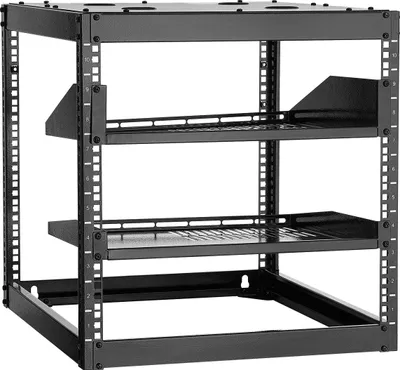 Obrázek produktu pro VEVOR 10U otevřený rámový síťový rozvaděč, hloubka 585 mm, pro montáž na stěnu nebo jako samostatný serverový rozvaděč, čtyřsloupová konstrukce, s odvětrávanými policemi a montážním příslušenstvím, pro všechna síťová IT zařízení a AV vybavení