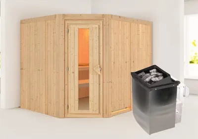 Produktbild von Karibu Sauna Innensauna Malin Eckeinstieg Ofen 9 kW integr. Strg 231x196x198 cm ohne Dachkranz mit Energiespartür