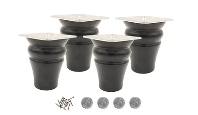 Four black furniture legs with silver tops and a set of screws and felt pads.