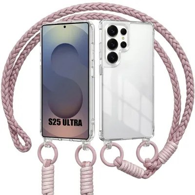 Image de Coque pour Samsung Galaxy S25 Ultra, Protection Rigide Anti-Rayures Transparent avec Cordon Rose