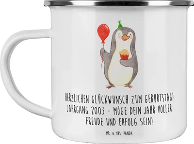Produktbild von Mr. & Mrs. Panda Emaille Tasse 2003 Geburtstag - Weiß - Geschenk, Blechtasse, Pott, liebevoll handgefertigte Geschenke, Geburtstagsgeschenk, Geburtstagsgeschenke, Alter