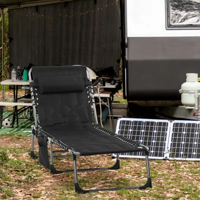 Produktbild von Sonnenliege klappbar mit Seitentasche, Gartenliege Campingliege, Oxford-Polyester Stahlrahmen, Schwarz | 188 x 57 cm | 130 kg | 5-fach verstellbar