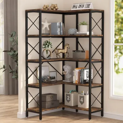Obrázek produktu pro Knihovna do rohu, rustikální design, hnědá barva, kovový rám, výška 167,5 cm