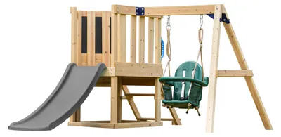 Produktbild von AXI Timo Klettergerüst aus Holz in Braun mit Rutsche in Grau | Spielturm / Spielplatz für Kinder mit Babyschaukel, Kletterwand und Tafel | Spielgerät für den Garten