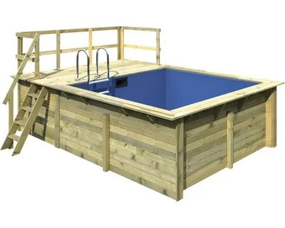 Produktbild von Aufstellpool Holzpool-Set Karibu Grösse 1 rechteckig 462x353x124 cm inkl. Bodenschutzvlies, Innenauskleidung mit Keilbiese & Leiter mit Plattform