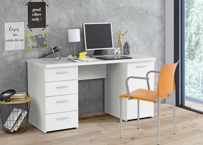Arbeitstisch Schreibtisch NETBOB 1-trg 4 Schubladen in Weiß matt mit vier Schubladen und offenem Mittelfach, Gesamtansicht.