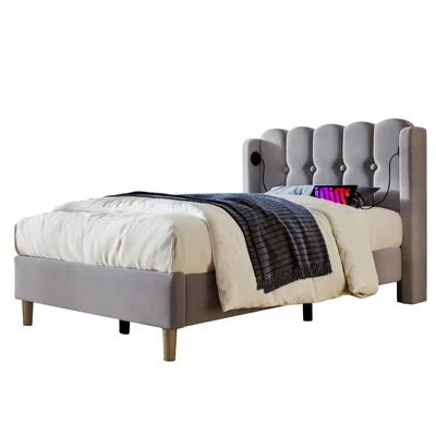 Produktbild von Polsterbett Einzelbett 90x200 cm, Grau, mit USB Typ C, ohne Matratze, Leinen