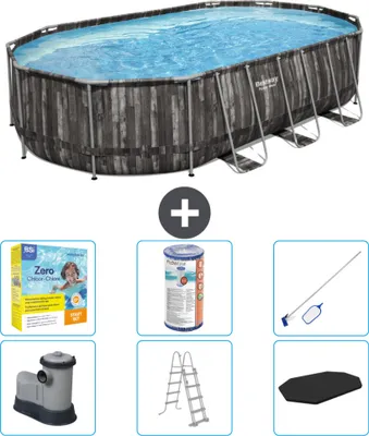 Produktbild von Bestway Oval Power Steel Swimmingpool – 610 x 366 x 122 – Grau – inklusive Pumpe – Leiter – Abdeckung Wartungspaket - Filter - Reinigungskit