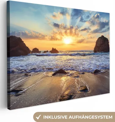 Produktbild von MuchoWow® - Leinwandbilder - Strand - Sonnenuntergang - Natur - Meer - Landschaft, Wandbild, Wanddeko Bilder Wohnzimmer, 80x60 cm