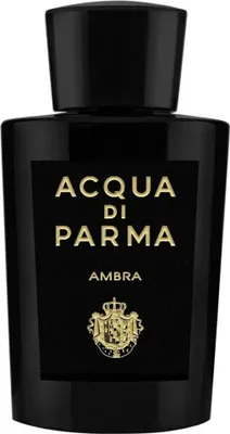 A black bottle of Acqua di Parma Ambra Eau de Parfum with gold lettering and a crest.