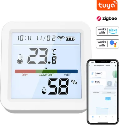 Zdjęcie produktu dla Tuya ZigBee higrometr termometr LCD miernik wilgotności, zdalne sterowanie głosowe APP -10 ℃ do 55 ℃; 10% RH do 99% RH, kompatybilny z Alexa i Google Home, ℉ / ℃