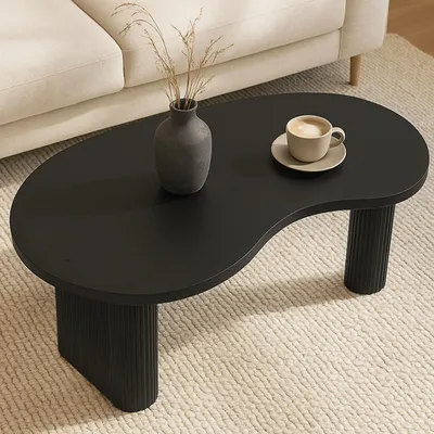 Produktbild von Couchtisch HWC-O29, Beistelltisch Sofatisch, organische Form Melamin Holz, 45x110x60cm Holzoptik schwarz