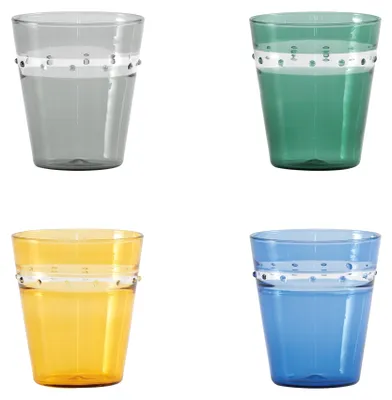 Immagine prodotto di Zafferano Set 4 Bicchieri A Pallini in vetro borosilicato soffiato a mano, lavorazione tecnica incalmo muranese, colori assortiti, design impilabile