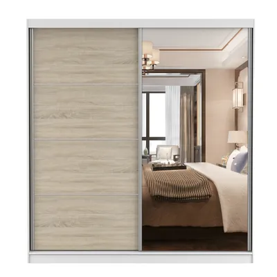Produktbild von Schwebetürenschrank Kleiderschrank Schrank 203cm Weiß/Sonoma matt mit Spiegel und Zierleisten Pola 42 S