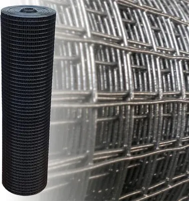 A roll of black wire mesh is shown in the foreground, with a blurred background of more wire mesh.