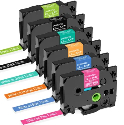 Produktbild von Etikettenband-Set, 6 Stück, TZe 12mm – geeignet für Brother P-Touch