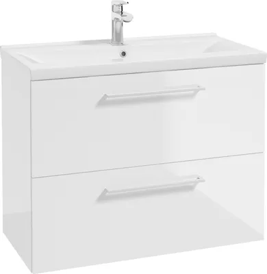Produktbild von Waschtisch, 40 cm tief, in weiß Hochglanz lackiert mit Metallgriff in weiß, 2 Schubladen und Keramikwaschbecken MESSINA-107, B/H/T ca. 81/65/40 cm