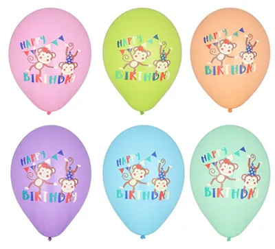 Produktbild von Ballons mit der Aufschrift „Affengeburtstag“, gemischt, 29 cm, 6 Stück.