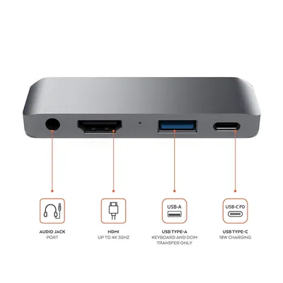 Produktbild von Satechi ST-TCMPHM, USB 3.2 Gen 1 (3.1 Gen 1) Type-C, Grau, SD, MicroSD (TransFlash), HDMI, USB 3.2 Gen 1 (3.1 Gen 1) Type-A, USB 3.2 Gen 1 (3.1 Gen 1) Type-C, Aluminium, USB