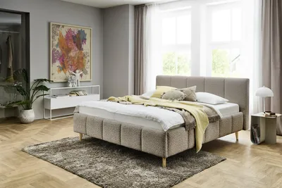 Produktbild von Meise Möbel Stauraumbett Alva 160x200 cm | Bettkasten & Lattenrost | Bouclé-Stoff Cappuccino | Holzfuß eichefarbig