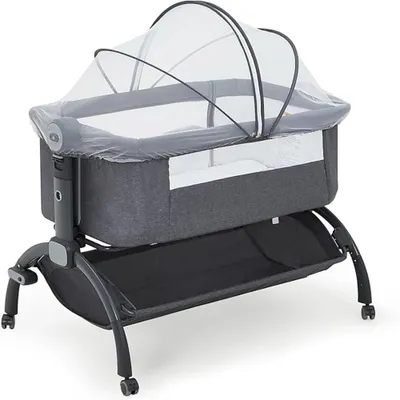 Produktbild von Baby Beistellbett Co-Sleeping - Stubenwagen - Rollen - Höhenverstellbar - Moskitonetz - Stauraumkorb - Grau